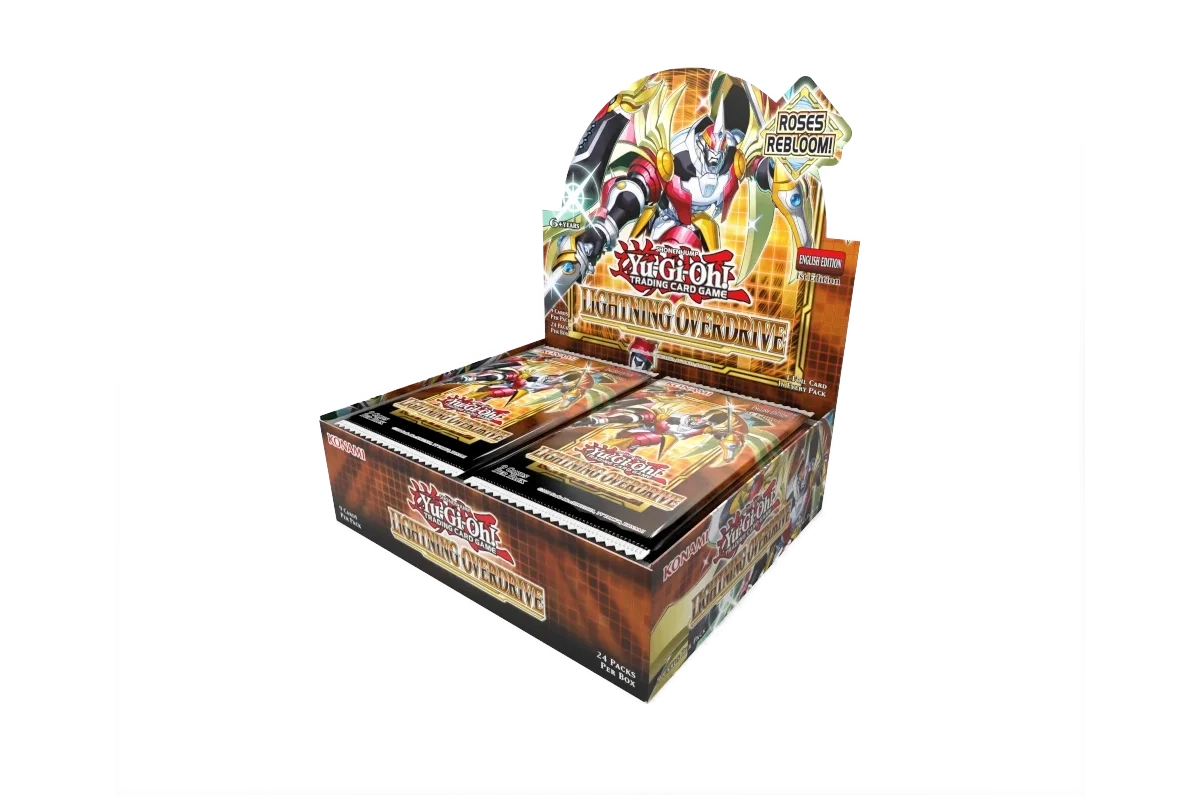 Yu-Gi-Oh! Lightning Overdrive booster box featuring Number 39: Utopia Ray and Rose Dragon monsters - open display - front right view
