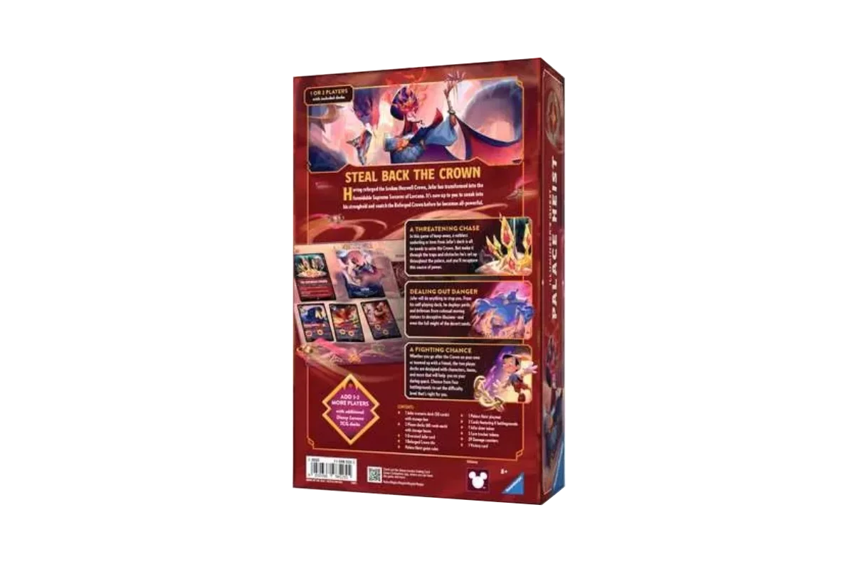 Back of Disney Lorcana Palace Heist showing cooperative game modes and stealing back the crown quest