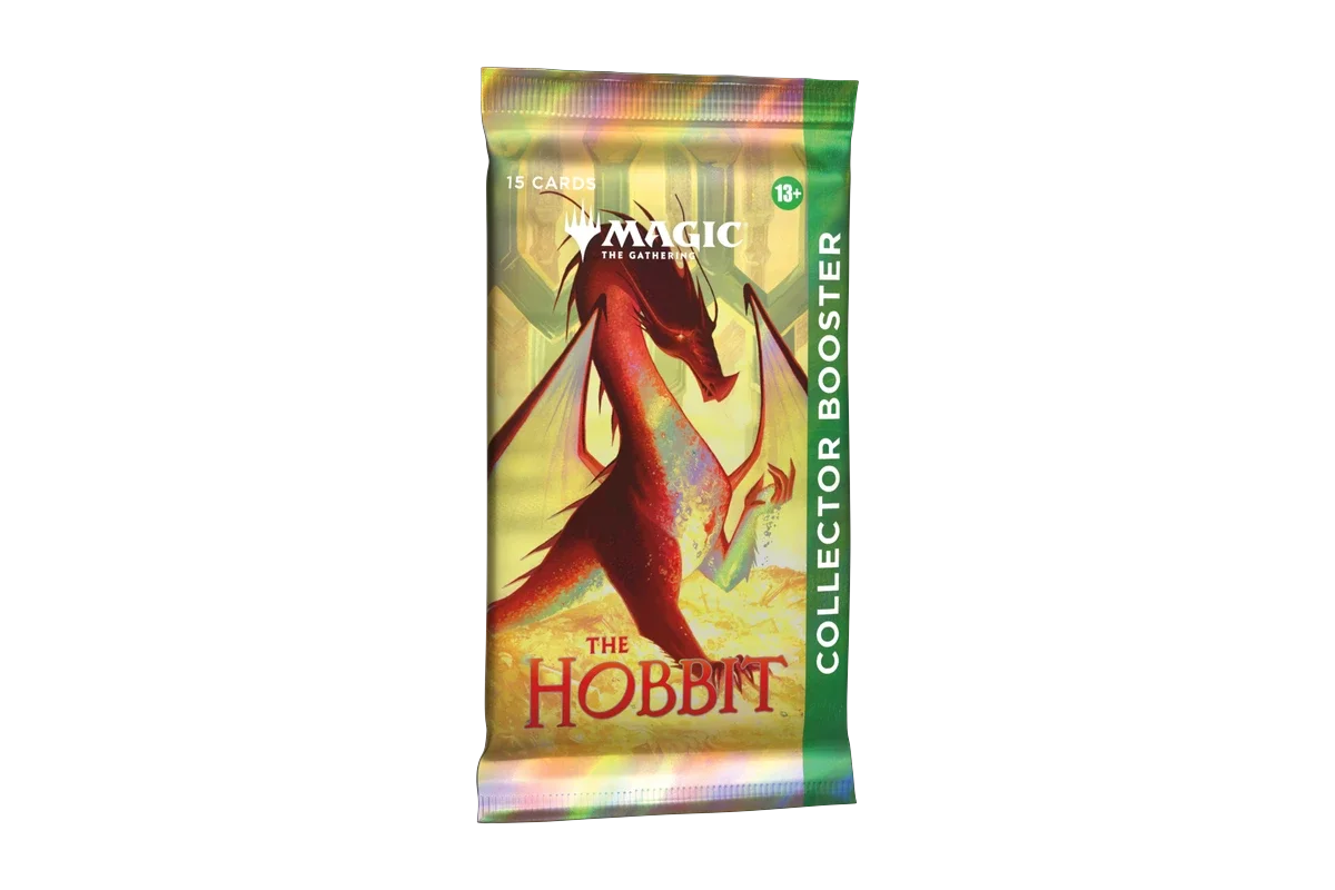 A sealed Magic: The Gathering "The Hobbit" Collector Booster pack containing 15 cards, shown from the front angle, featuring dragon