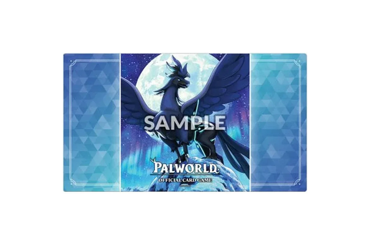 Palworld Official Card Game playmat showing Shadowbeak, a dark blue horned Pal with glowing eyes, on a snowy peak under a starry sky and full moon.