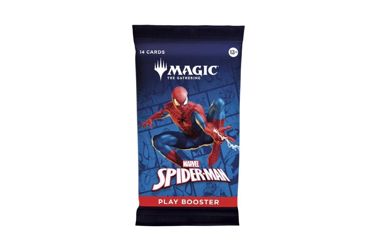 Magic the Gathering Marvel's Spider-Man Play Booster pack featuring Spider-Man swinging through New York City (Copy)