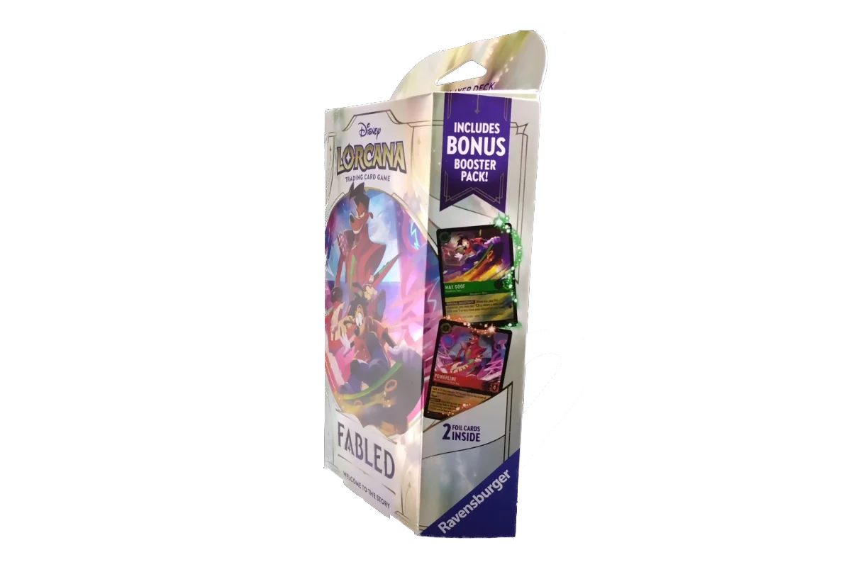 Disney Lorcana Fabled Standout Headliners Starter Deck side showing bonus booster pack and foil cards