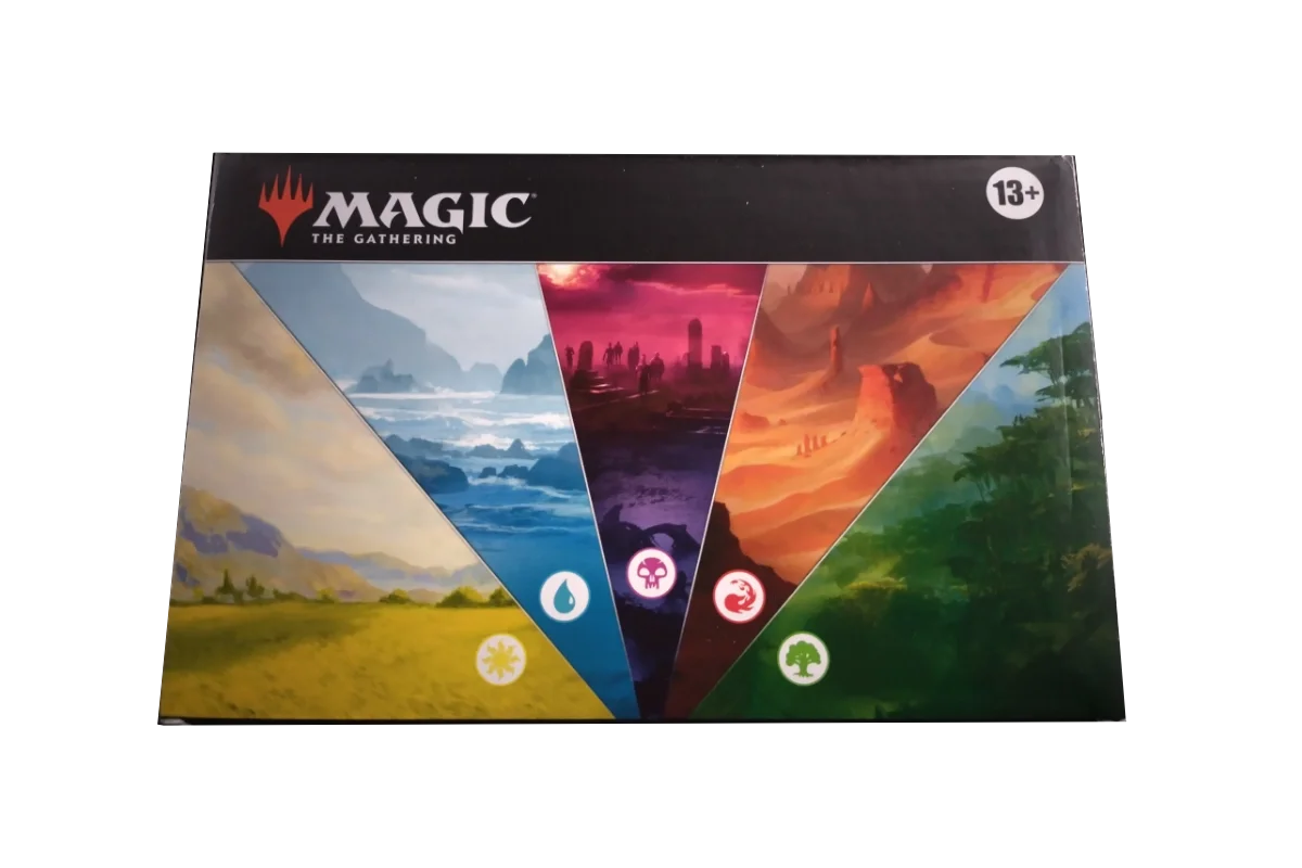 Magic: The Gathering Tarkir Dragonstorm Land Station box top showing Plains, Island, Swamp, Mountain and Forest artwork