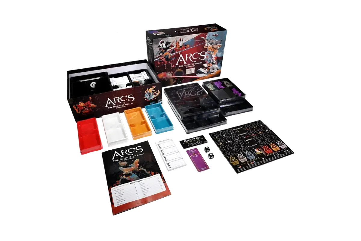 Arcs Blighted Reach complete components including 300+ cards, Imperial ships, flagships, dice, and storage trays