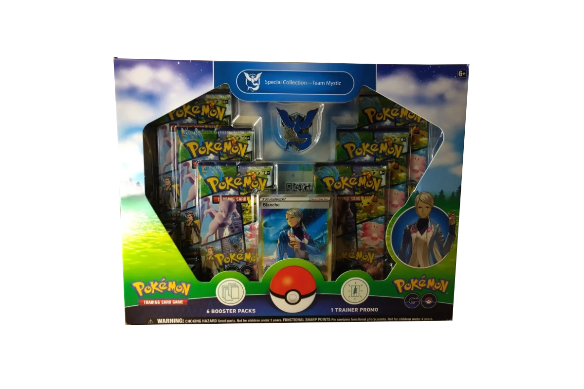 Pokémon GO Special Collection Team Mystic featuring Blanche trainer promo card and Team Mystic pin