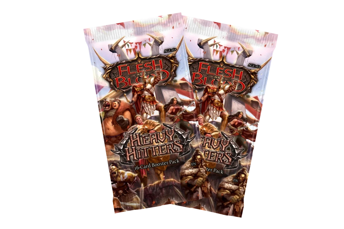 Two Flesh and Blood Heavy Hitters 16-card booster packs showing arena combat artwork