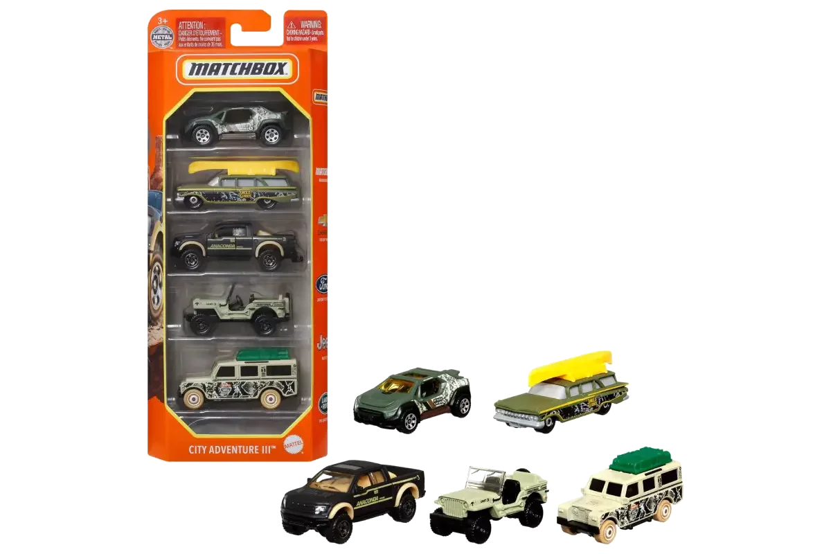 Matchbox City Adventure III 5-pack with loose vehicles displayed