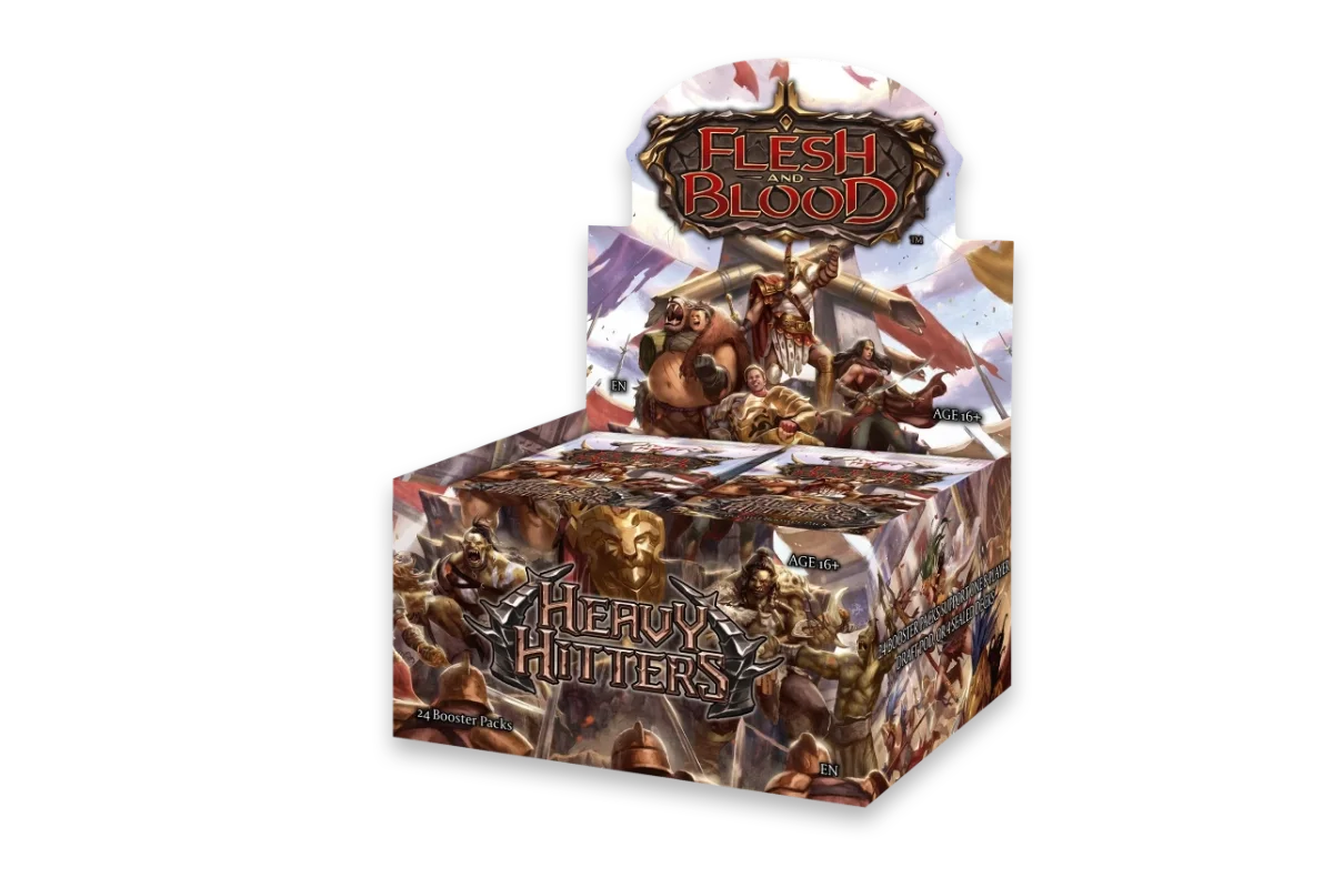 Flesh and Blood Heavy Hitters booster display featuring warriors and brutes in battle with Age 16+ rating