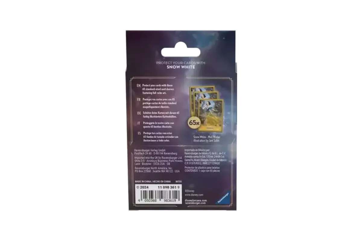 Disney Lorcana Snow White card sleeves packaging back showing 65 matte-finish sleeves and product specifications