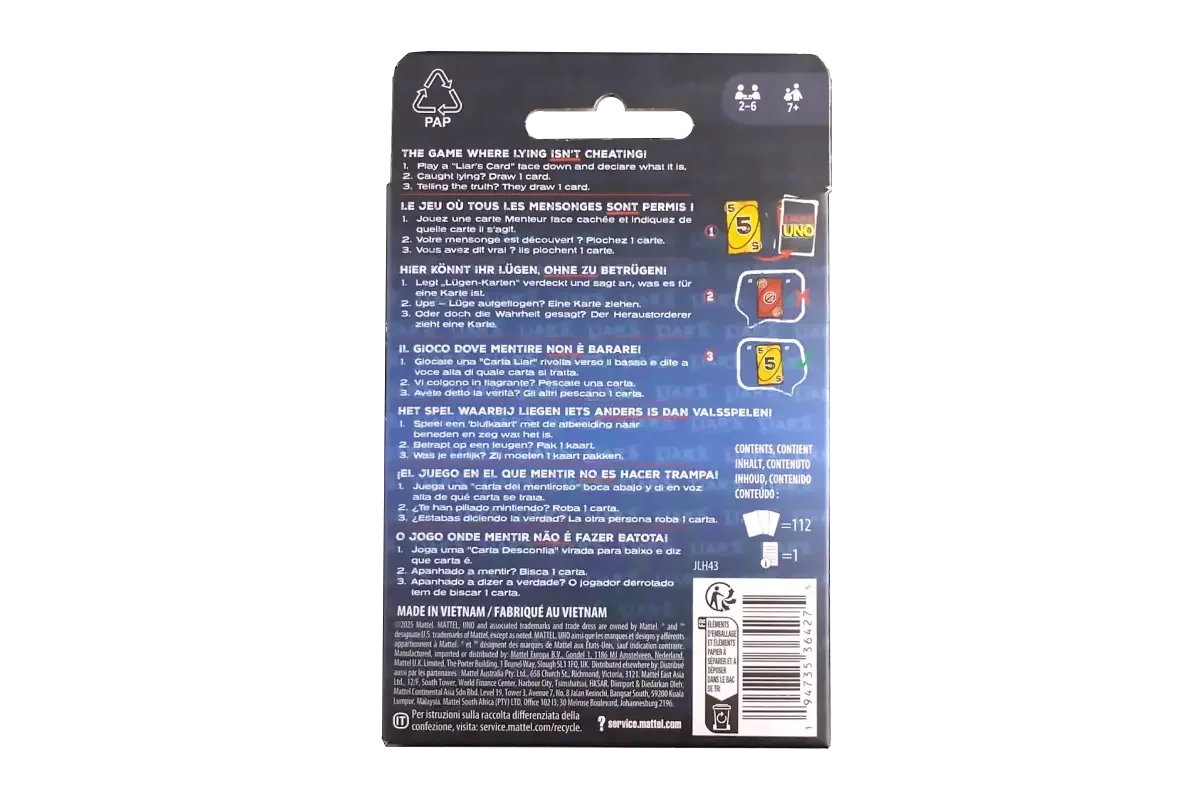 Liar's UNO card game back showing bluffing rules and gameplay instructions