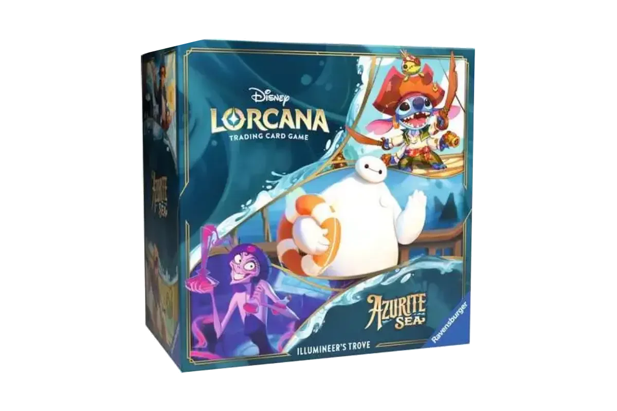 Disney Lorcana Azurite Sea Illumineer's Trove featuring Stitch, Baymax, and Yzma in pirate theme
