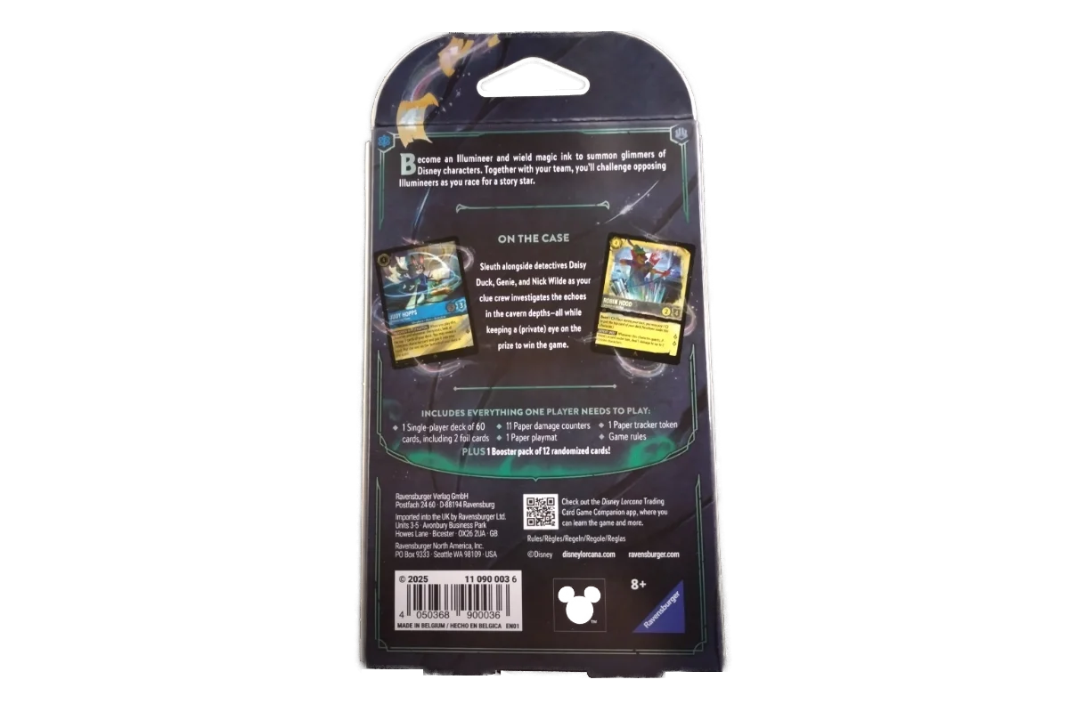 Disney Lorcana On the Case starter deck back showing contents and Daisy Duck, Genie, and Nick Wilde cards