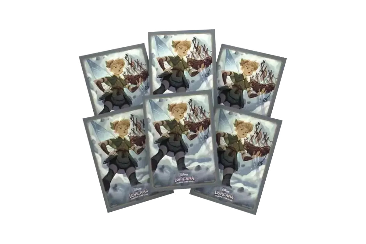 Disney Lorcana Tinker Bell - Giant Fairy card sleeves fanned display showing pirate ship artwork