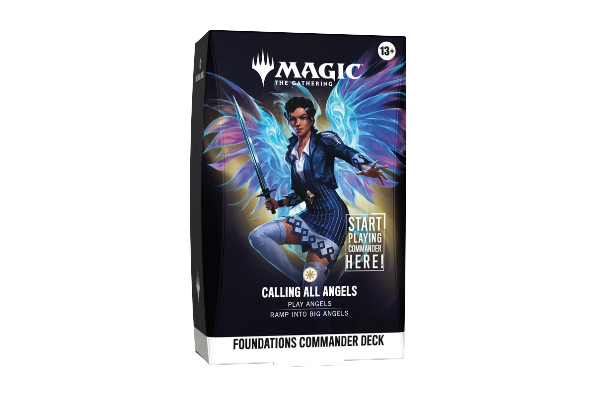 Magic: The Gathering "Calling All Angels" Foundations Commander Deck shown from the front-angle view in sealed box