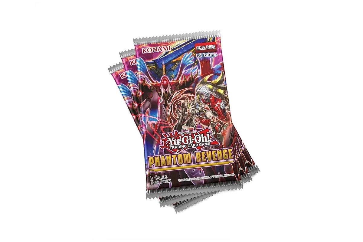 Yu-Gi-Oh! Phantom Revenge booster pack stack featuring Hecahands Illusion Fusion