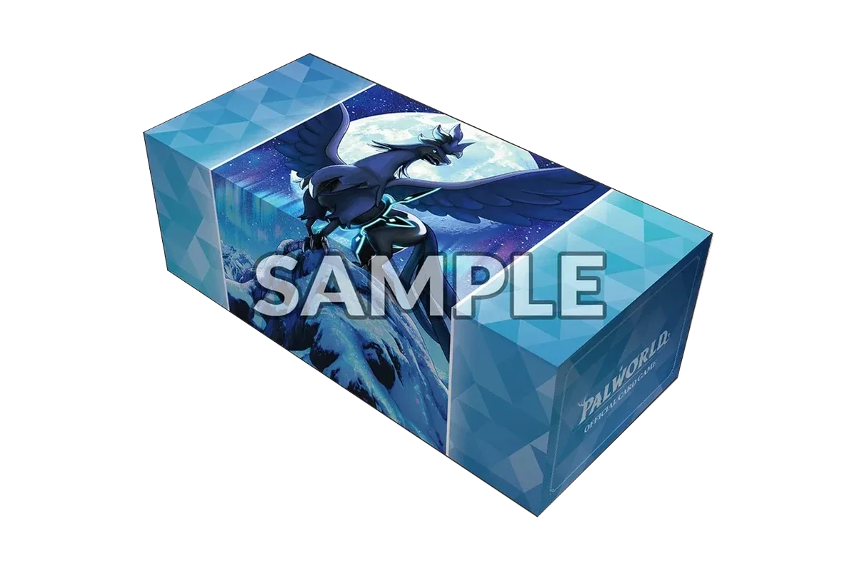 Palworld Official Card Game storage box showing Shadowbeak, a dark-winged dragon-like Pal, perched on icy terrain beneath a full moon.
