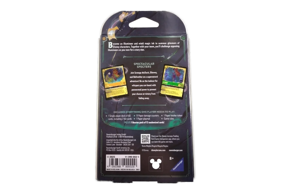 Disney Lorcana Spectacular Specters starter deck back showing contents and Scrooge McDuck, Elinwy, and Bellwether cards