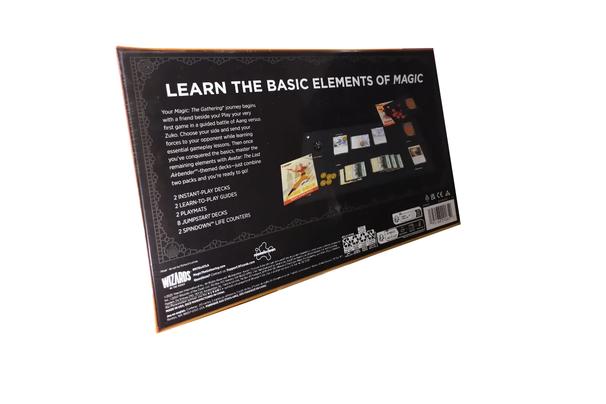 MTG Avatar Beginner Box back showing contents including 2 instant-play decks, learn-to-play guides, playmats, and Jumpstart decks