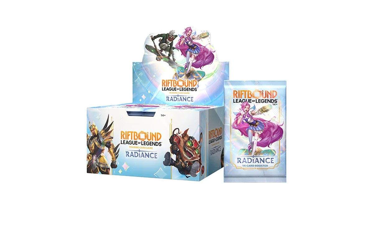 Sealed Riftbound League of Legends Radiance trading card game booster box displayed from front angle,