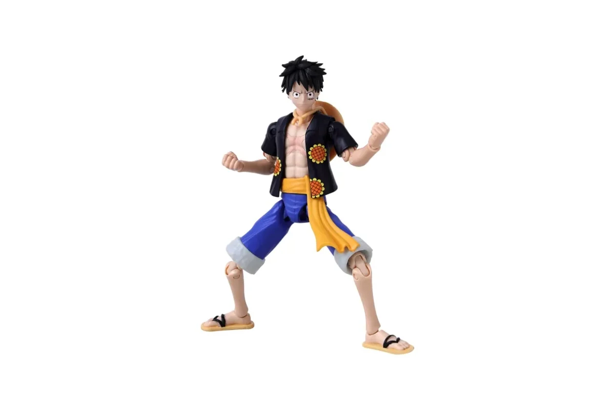 Anime Heroes One Piece Monkey D. Luffy Dressrosa 6.5-inch action figure in black jacket and blue shorts with fists in a flex pose