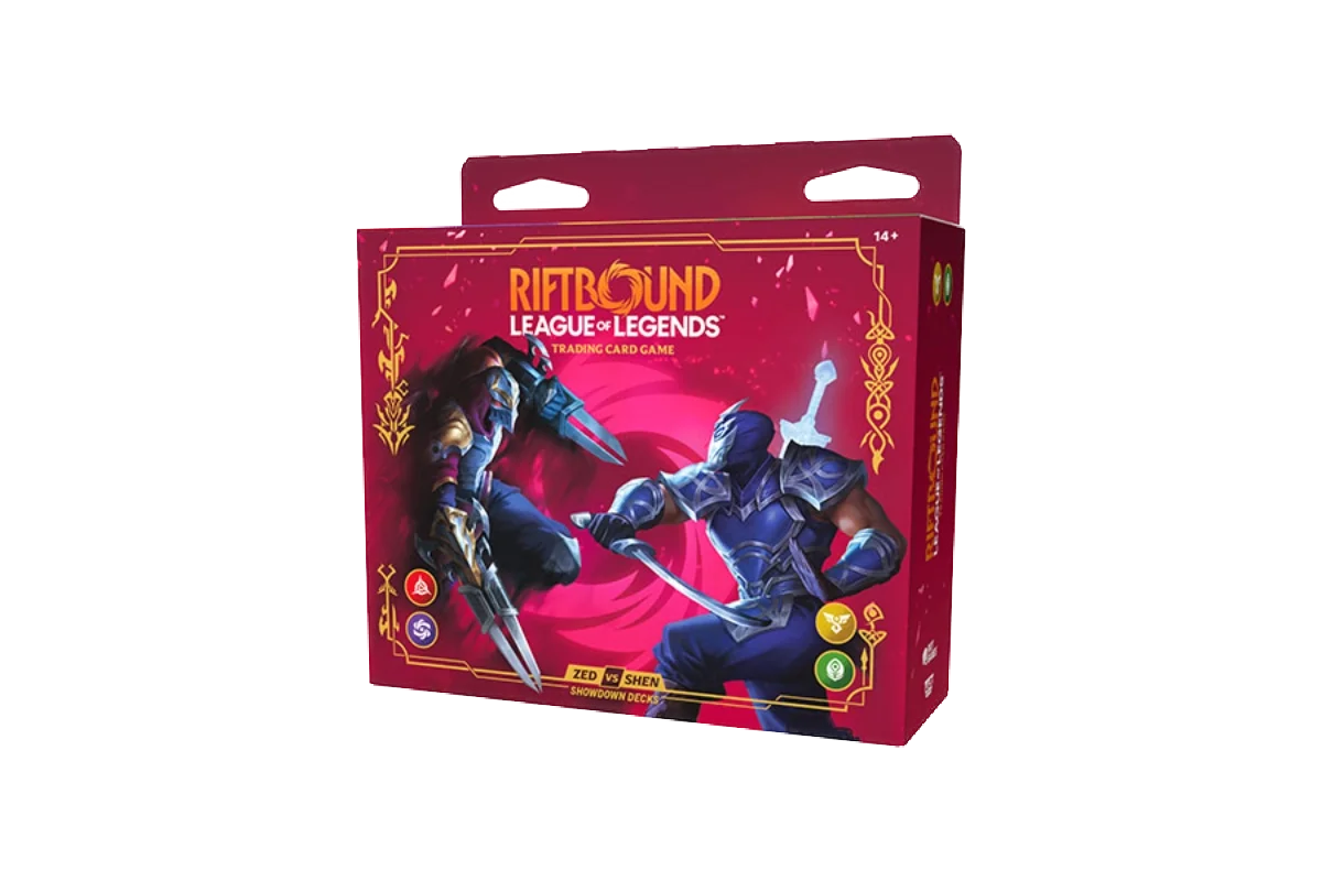 Riftbound Vendetta Zed vs Shen Showdown Decks box angled view featuring Zed and Shen
