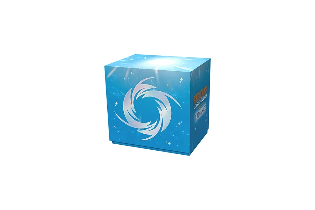 A sealed blue cubic box featuring a white spiral design and sparkle accents is shown from a front angle
