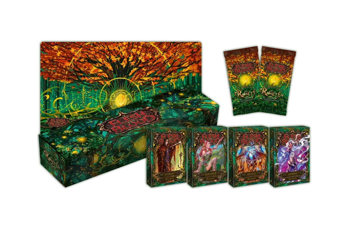 Flesh and Blood Rosetta Blitz Deck Collection contents showing 4 Blitz Decks (Florian, Verdance, Oscilio, Aurora), 2 booster packs, Seed of Candlehold playmat, and storage box