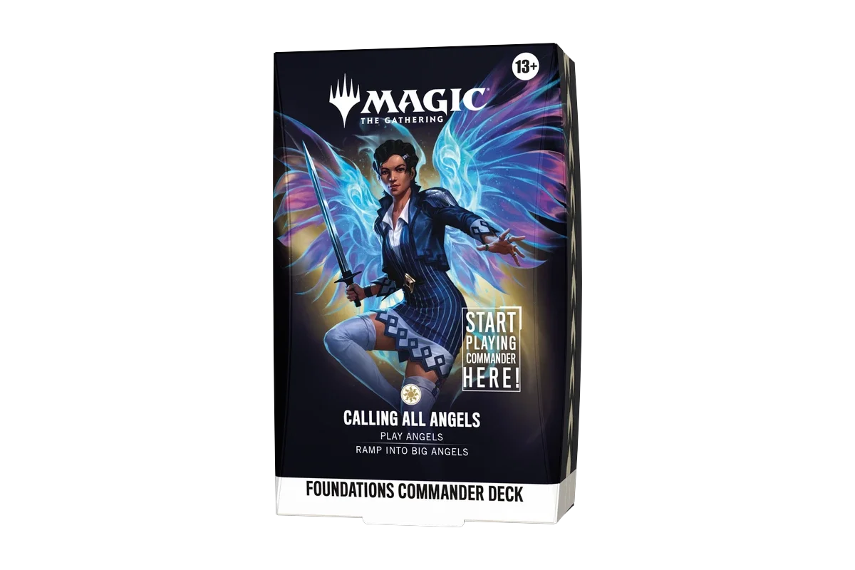 Magic: The Gathering "Calling All Angels" Foundations Commander Deck shown from the front-angle view in sealed box