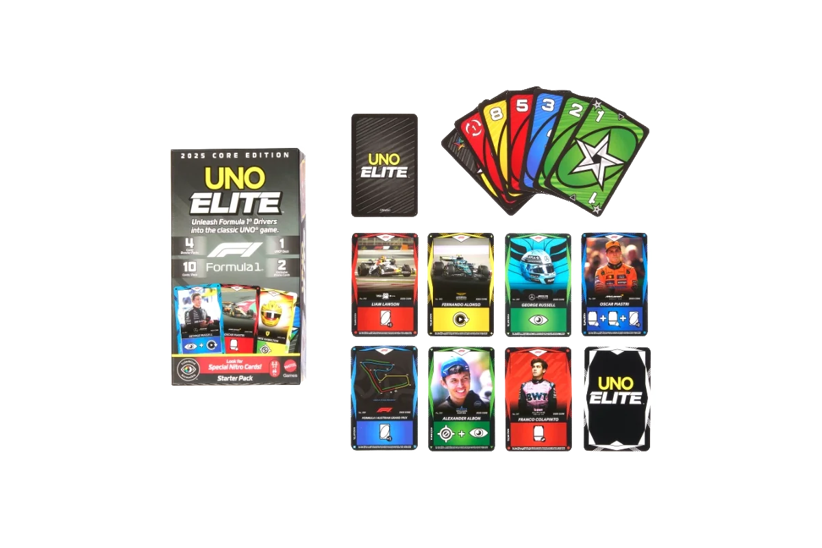 UNO Elite Formula 1 Starter Pack contents showing UNO deck, booster packs, and Elite Action Cards spread out