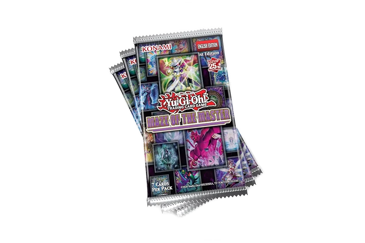 Yu-Gi-Oh! Maze of the Master booster pack stack featuring Egyptian Trap Monsters and anime legacy