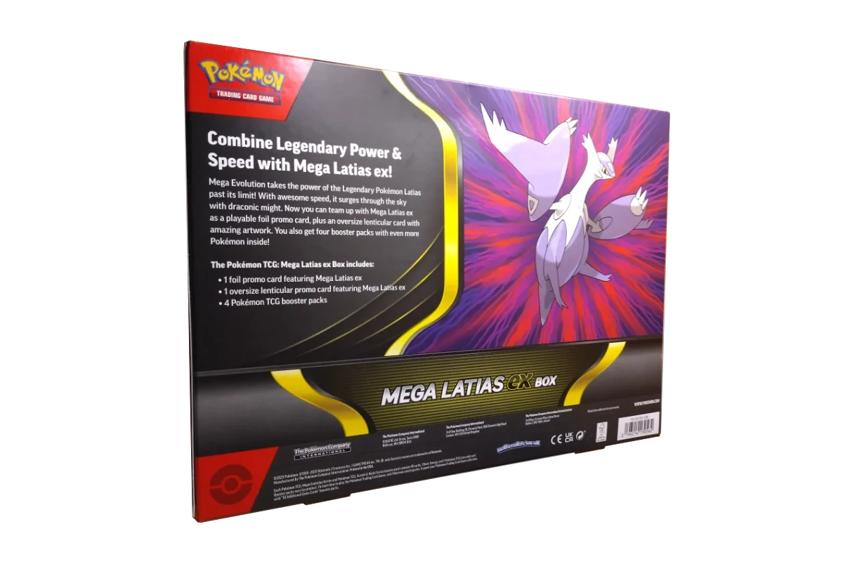 Pokémon Mega Latias ex Box back showing legendary Mega Latias ex with draconic might