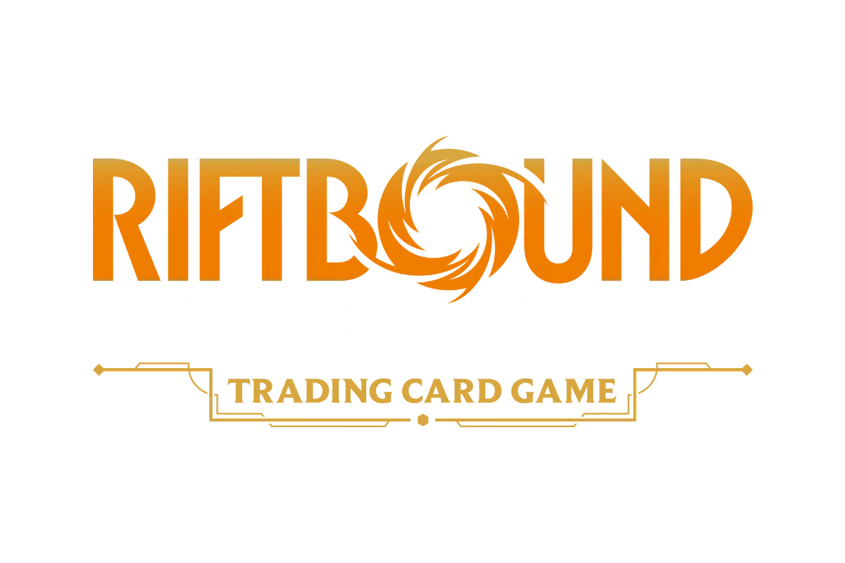 Logo for a trading card game called Riftbound featuring a stylized spiral symbol in orange and black.