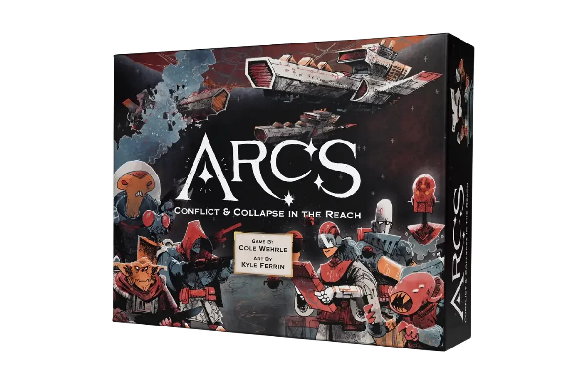 Arcs board game box featuring space opera artwork with diverse alien characters and spaceships