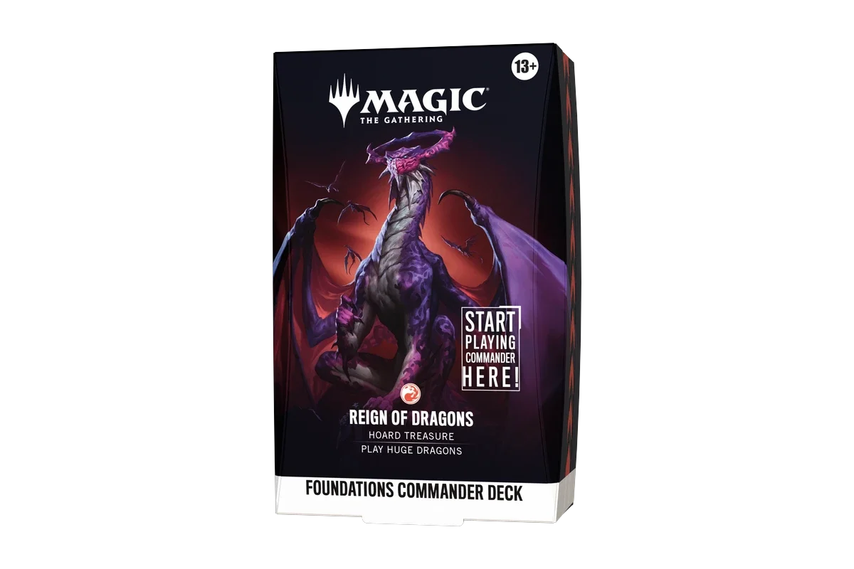 Magic: The Gathering Reign of Dragons Foundations Commander Deck, sealed packaging, front-angle view,