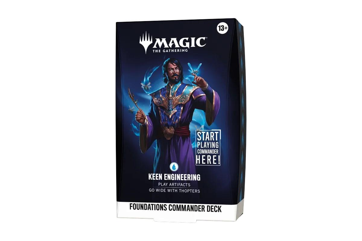 A sealed Magic: The Gathering Foundations Commander Deck box featuring male magical character front-angle view