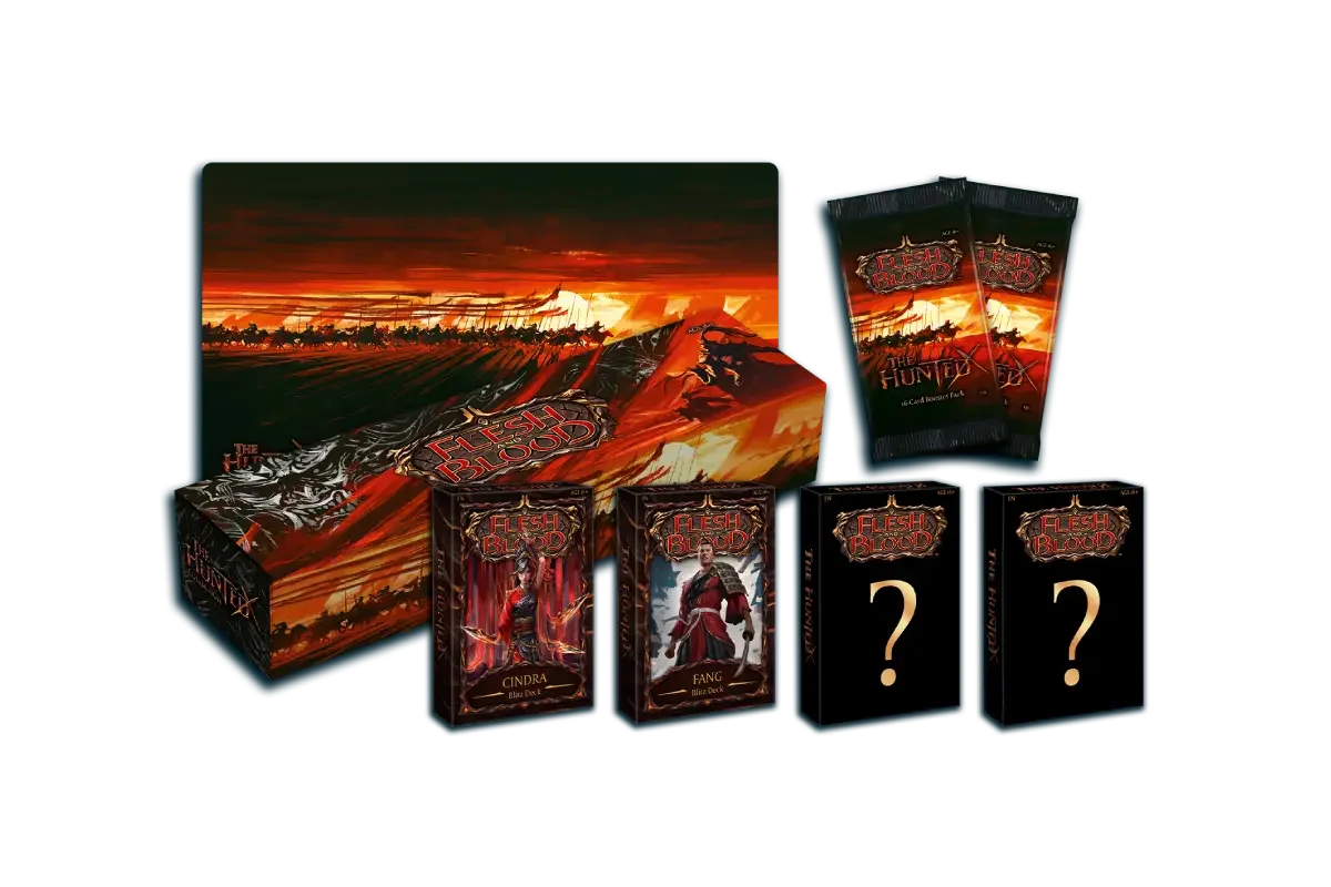 Flesh and Blood The Hunted Blitz Deck Collection contents showing 4 Blitz Decks (Cindra, Fang, and Arakni variants), 2 booster packs, Pursue to the Edge of Oblivion playmat, and storage box