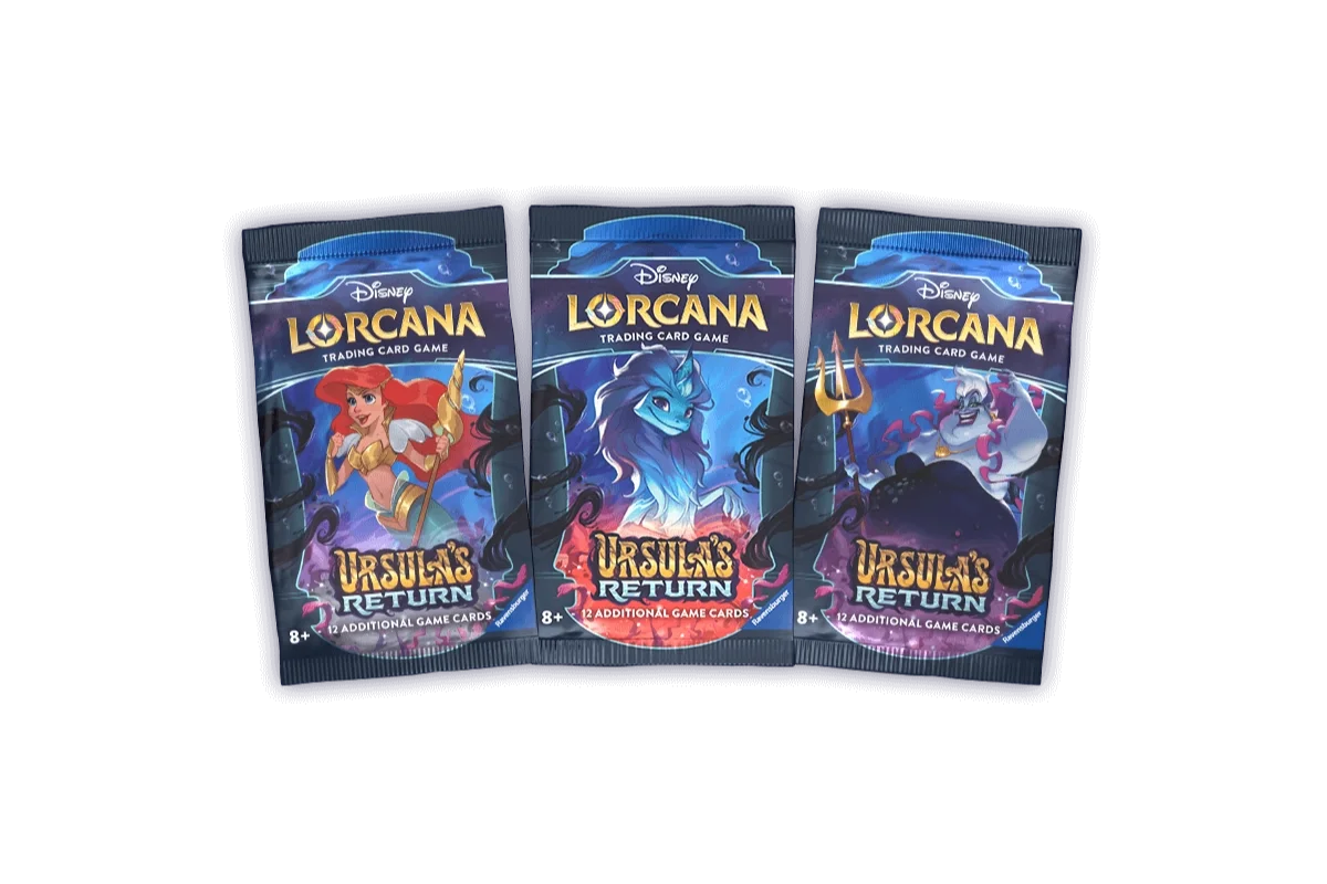 Disney Lorcana Ursula's Return booster packs featuring Ariel Sonic Warrior, Ursula Sea Witch Queen, and Sisu