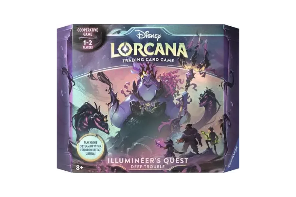 Disney Lorcana Illumineer's Quest Deep Trouble cooperative game box featuring Ursula and entangled glimmers