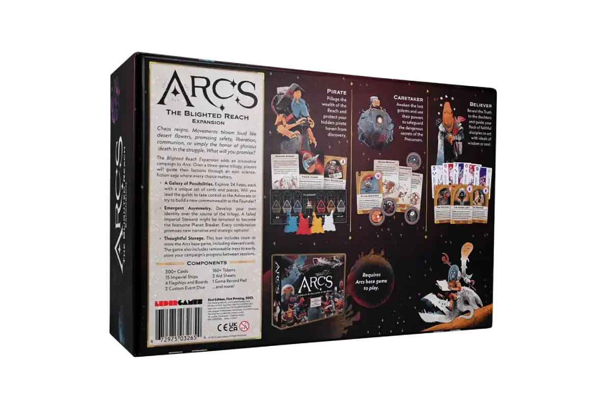 Arcs Blighted Reach box back showing 24 Fates campaign system and example characters