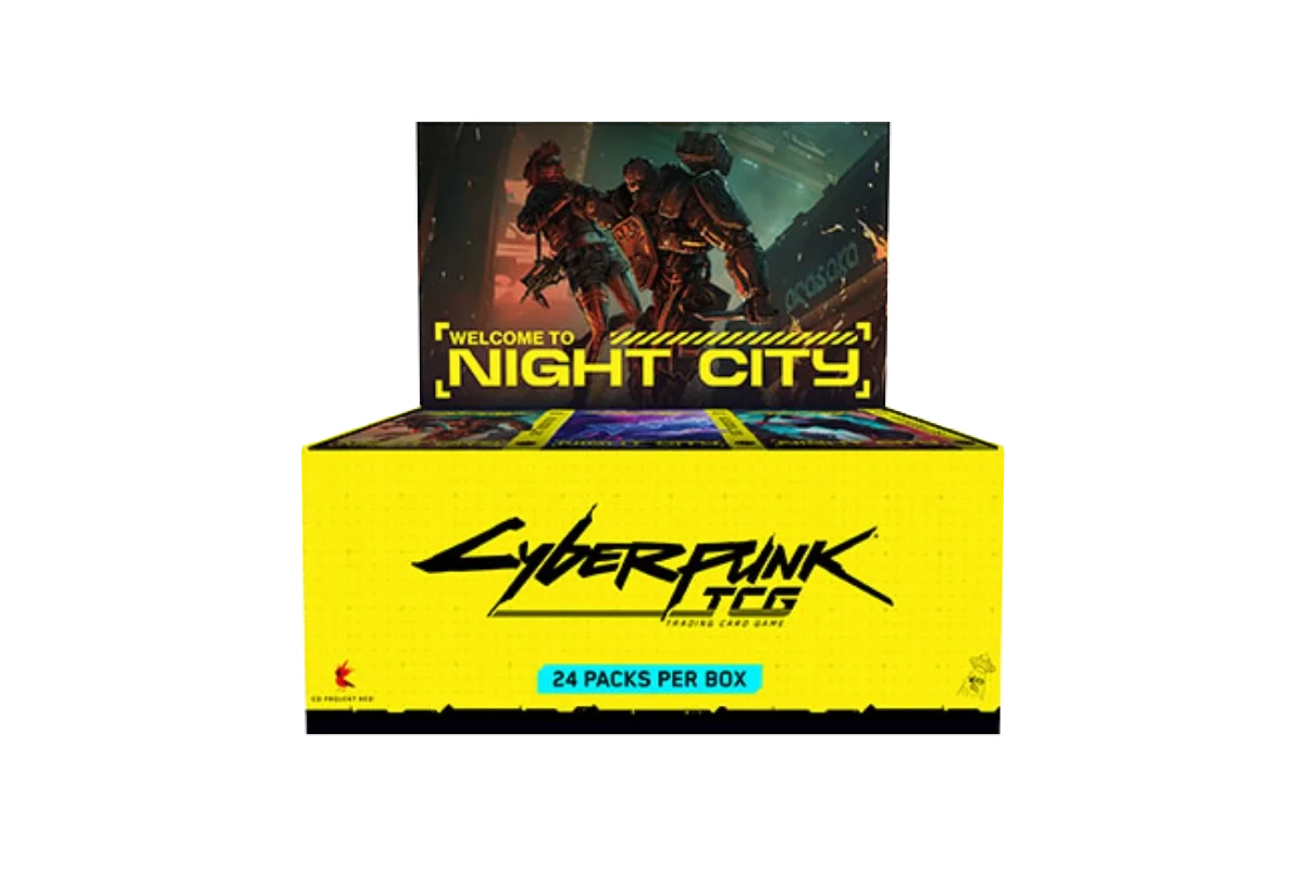 Cyberpunk TCG Welcome to Night City booster display box open, showing booster packs inside