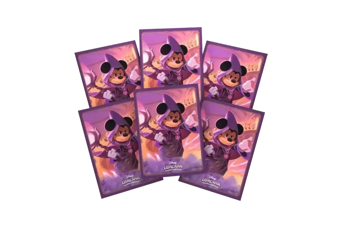 Disney Lorcana Mickey Mouse - Wayward Sorcerer card sleeves fanned display showing purple magical artwork