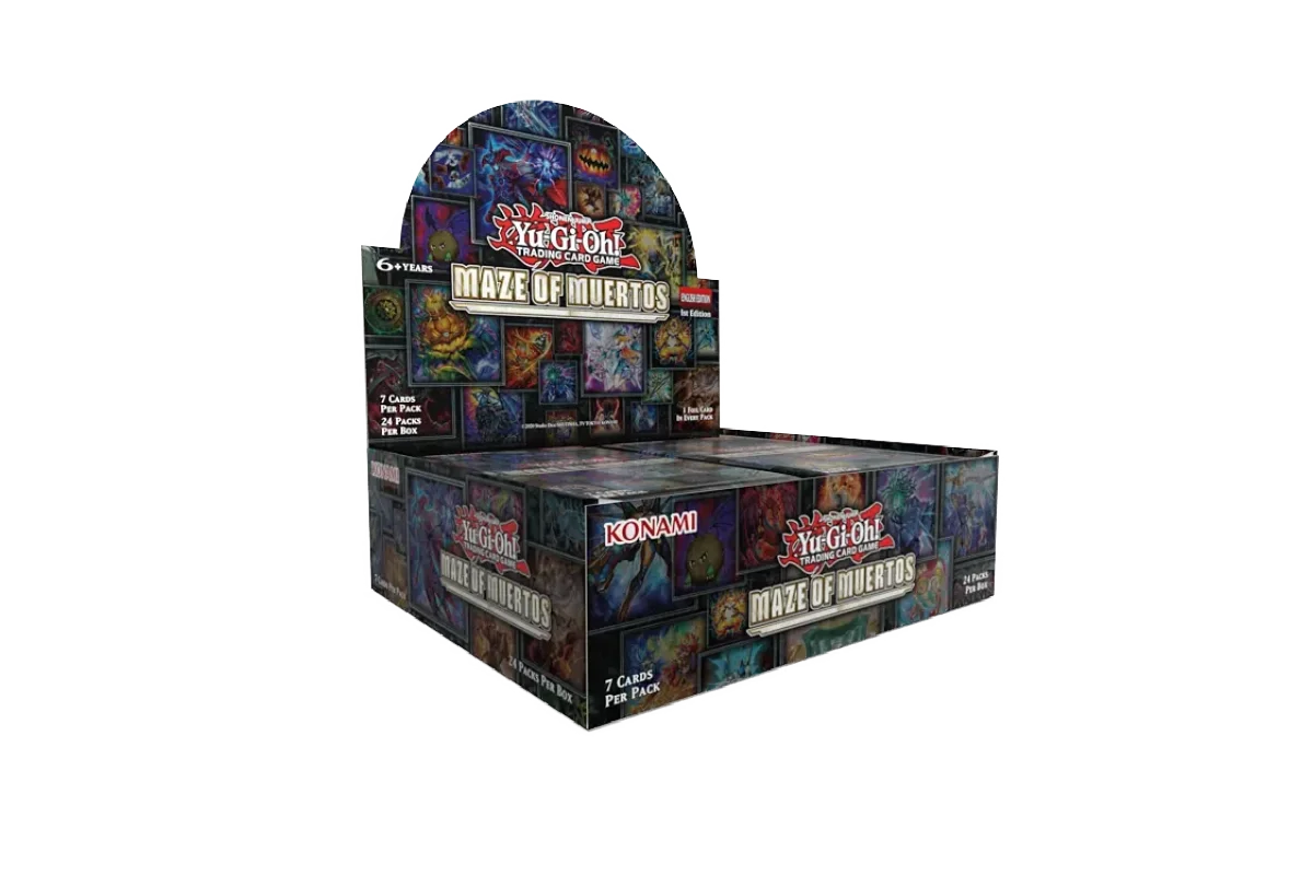 Yu-Gi-Oh! Maze of Muertos booster box display showing 24 packs, 7 cards per pack, English Edition 1st Edition