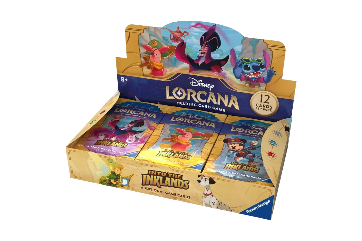 Disney Lorcana Into the Inklands Set 3 booster box display featuring Stitch, Mickey Mouse, and adventurous Disney characters