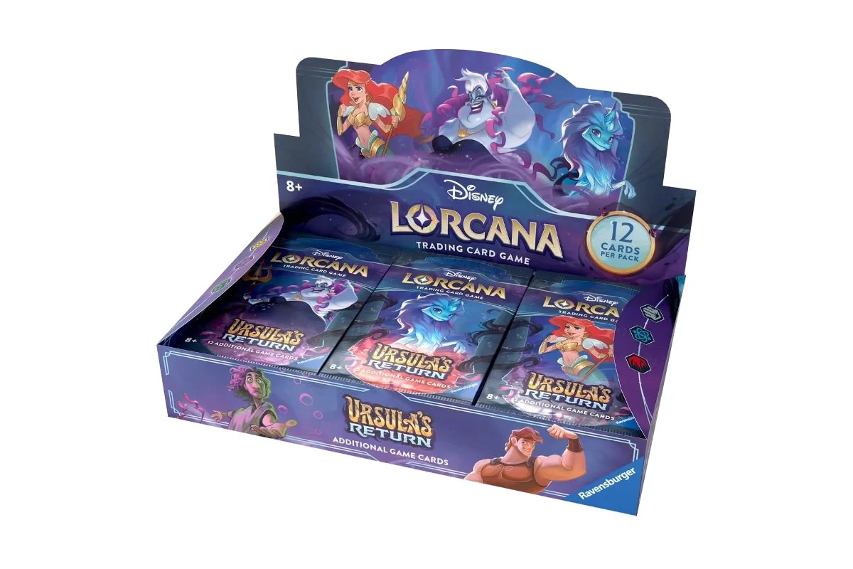 Disney Lorcana Ursula's Return Set 4 booster box display featuring Ursula, Ariel, and Sisu