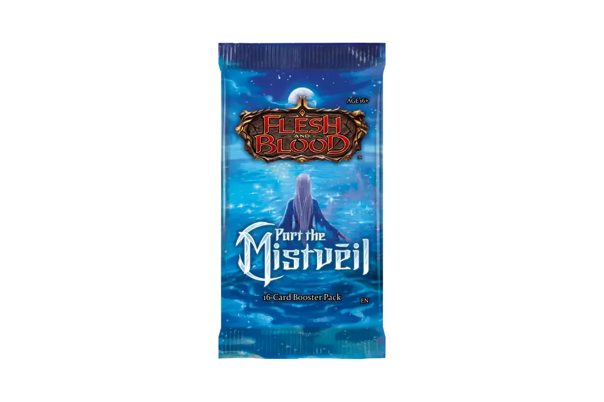 Flesh and Blood Part the Mistveil booster pack featuring hooded mystic figure