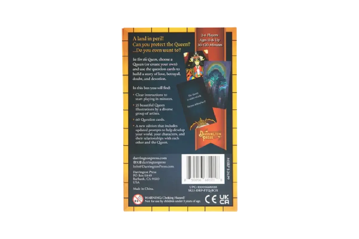 For the Queen box back showing 2-6 players, ages 13+, 30-120 minutes, with 60 question cards and 25 Queen illustrations