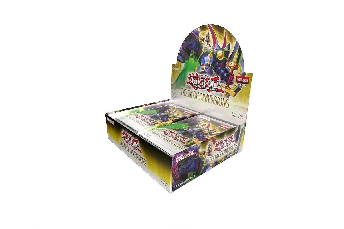 Yu-Gi-Oh! Doom of Dimensions booster box featuring DoomZ Dragon and Xyz monsters - open display - front right view