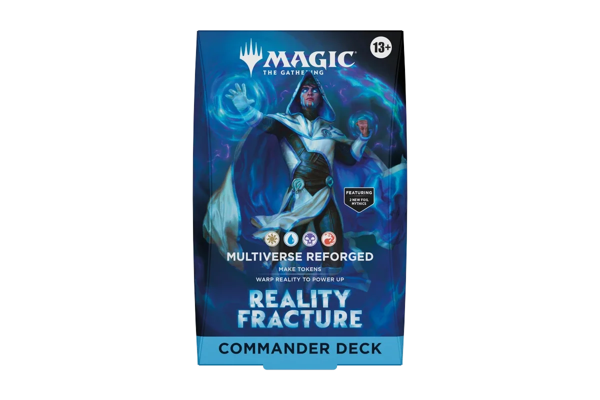 Magic: The Gathering "Reality Fracture" Commander Deck in sealed packaging, front view, featuring a blue-robed mage with