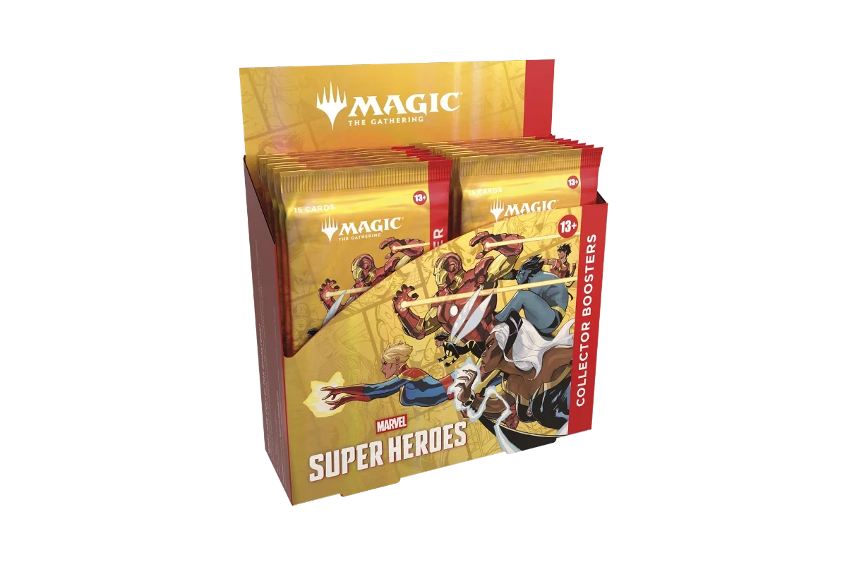 Magic: The Gathering Marvel Super Heroes Collector Booster display box showing booster packs