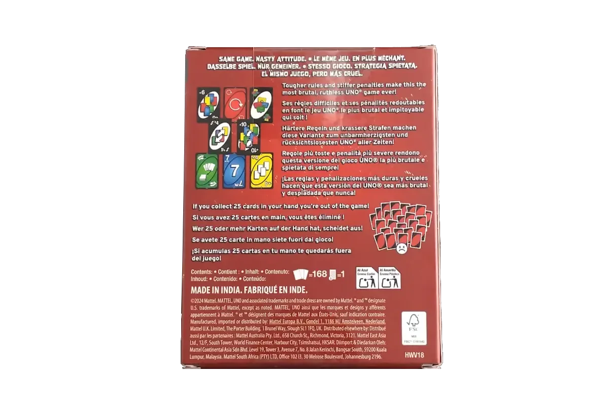UNO Show 'Em No Mercy card game back showing extreme rules and mercy rule elimination